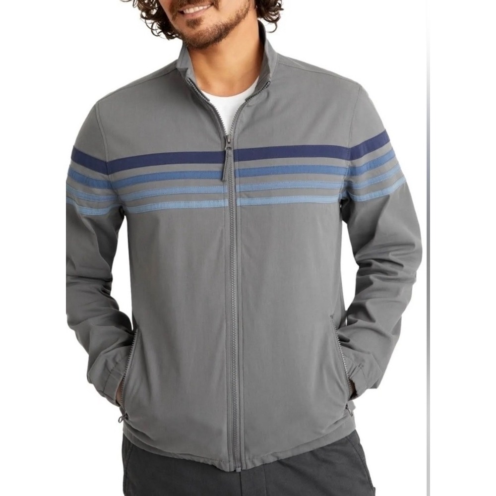 Marine Layer Men's Freeman‎ Stretch Twill Windbreaker Sz XL Gray w Blue Stripes